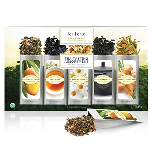 Tea Forte Organic Classic Tea Sampler, Single Steeps Loose Leaf Tea Gift Box Variety Pack of 15 Single Serve Pouches with Green Tea, Herbal Tea and Black Tea