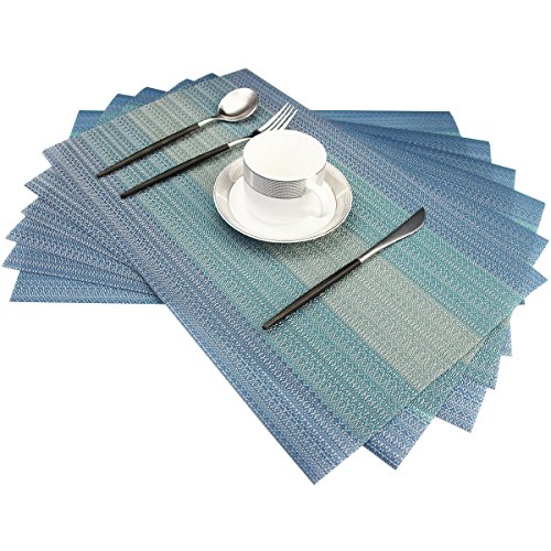 Bright Dream Placemats Washable Easy to Clean PVC Placemat for Kitchen Table Heat-resistand Woven Vinyl Hard Table Mats 12x18 inches Set of 6 （Blue）