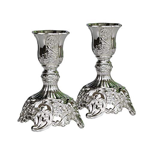 JAZPlayer Silver Taper Candle Holders with Deluxe Engraved Design, Set of 2 Premium Metal Silver Candlestick Holders (Silver)