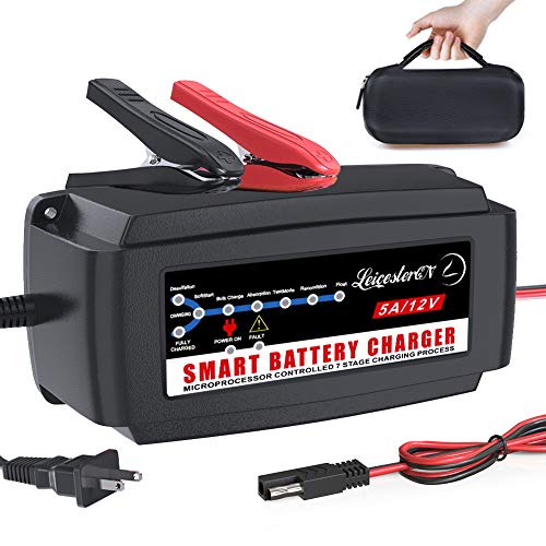 LST 12V 5A Automatic Battery Charger Maintainer Smart Deep Cycle Battery Trickle Charger for Automotive Car Boat Motorcycle Lawn Mower Marine RV SLA ATV AGM GEL CELL WET& FLOODED Lead Acid Battery