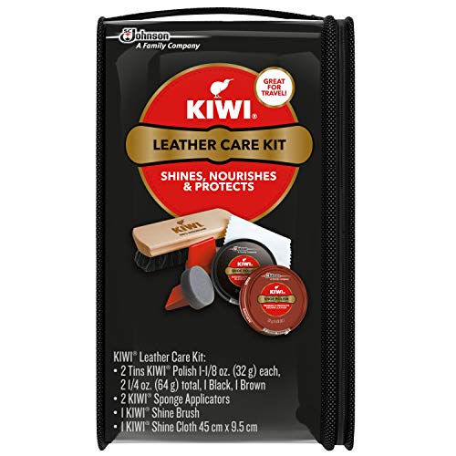 KIWI Shoe Shine and Shoe Polish Kit | Leather Shoe Care for Dress Shoes and Boots | Black and Brown | 2 Tins, 2 Sponges, 1 Brush and 1 Cloth