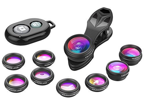 Apexel Phone Camera Lens-Macro Lens+Wide Lens+Fisheye Lens+Telephoto Lens+CPL/Flow/Radial/Star Filter+Kaleidoscope 3/6 Lens 10 in 1 Lens Kit +Remote Shutter for iPhone, Samsung,LG and Most Smartphones