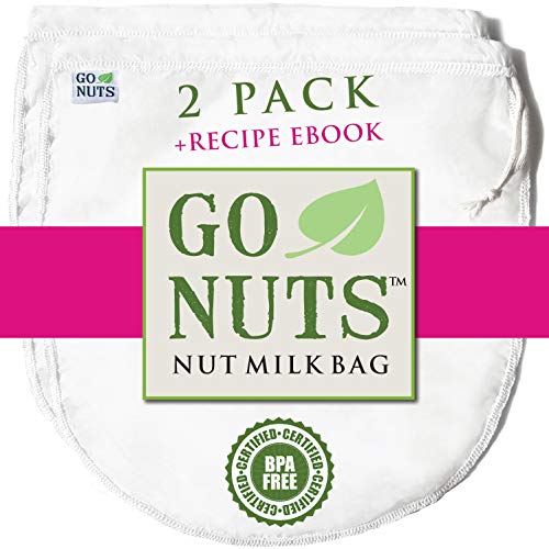 2-PACK Best Nut Milk Bag - Restaurant Commercial Grade by GoNuts - Cheesecloth Strainer Filter For the Best Almond Milk, Cold Brew Coffee, Tea, Juicing, Yogurt, Tofu - BPA-Free Nylon 12”x10' Fine Mesh - Durable Washable Reusable - FREE Recipe E-book