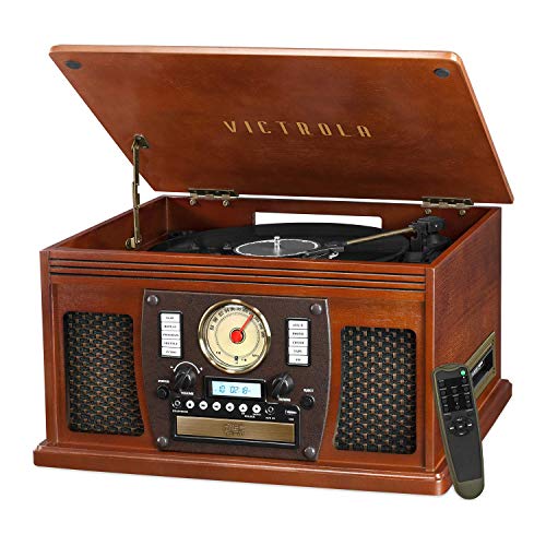Victrola 8-in-1 Bluetooth Record Player & Multimedia Center, Built-in Stereo Speakers - Turntable, Vinyl to MP3 Recording | Wireless Music Streaming | Mahogany