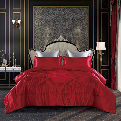 KINBEDY Luxury 3-Piece Satin/Sateen Silky Comforter Set Bedding Collection, All-Season Light Weighted Soft Bedding Set-Red.