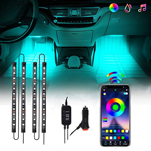 CHUSSTANG Interior Car Lights, 48 LEDs 4pcs Car LED Strip Lights Bluetooth App Control Lighting Kits and Control Box Music with Car Charger Waterproof Sound Active Function for Smart Phone