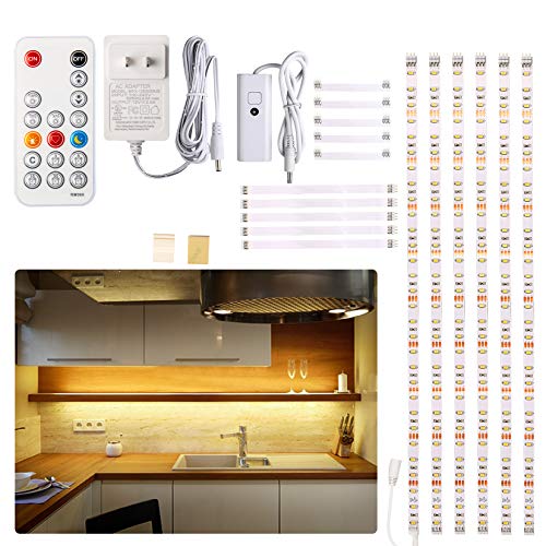 Under Cabinet LED Lighting kit, 6 PCS LED Strip Lights with Remote Control Dimmer and Adapter, Dimmable for Kitchen Cabinet,Counter,Shelf,TV Back,Showcase 2700K Warm White, Bright, Timing