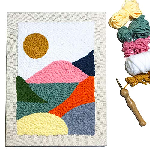 Wool Queen Punch Needle Kit/Landscape Rug Yarn Hooking Beginner Kit,14''x10'' with Wooden Punch Pen for Kids Adults Craft Gift-Impression Sunrise