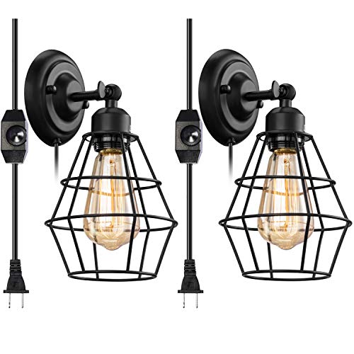 Vintage Plug in Dimmable Wall Sconce 2 Pack, Elibbren Hardwired Industrial Edison Wire Cage Wall Light with Dimmer Switch 5.9FT Plug in Cord, Rustic Wall Light Fixture for Headboard, Bedroom, Nightsta