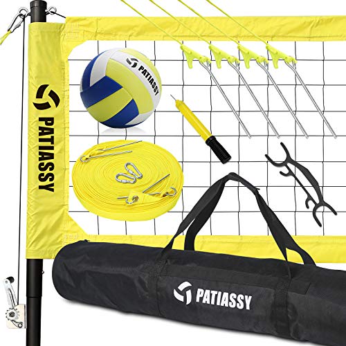 Patiassy Professional Portable Volleyball Set - Includes Volleyball Net System with Height Adjustable Aluminum Poles, Winch System for Anti Sag Net, Volleyball and Carrying Bag, Yellow
