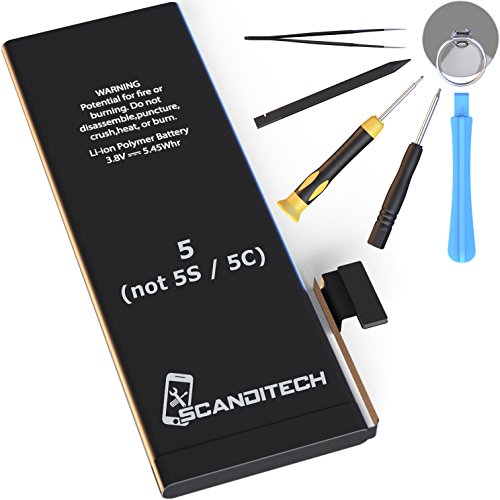 ScandiTech Battery Model iP5 (not 5S or 5C) - Replacement Kit with Tools, Adhesive & Instructions - New 1440 mAh 0 Cycle Battery - Repair Your Phone in 15 min - 1 Year Warr