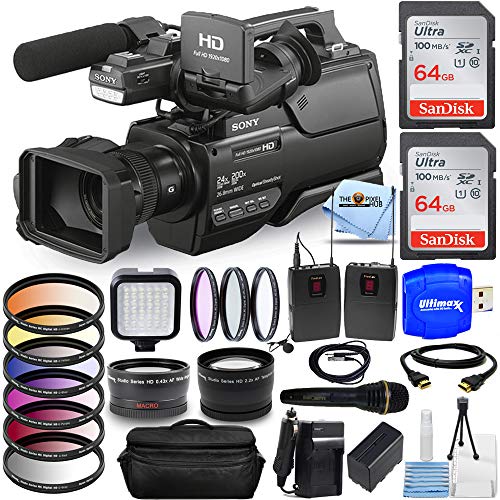 Sony HXR-MC2500E Shoulder Mount AVCHD Camcorder (PAL) All You Need Bundle with Battery and Charger, 2X 64GB (128GB) SD, Mic Set, Telephoto and Wide Angle Lens, Gadget Bag, HDMI Cable and More