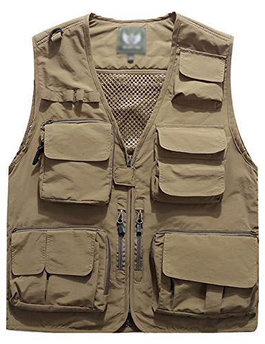 Flygo Men's Casual Lightweight Outdoor Travel Fishing Vest Jacket Multi Pockets (X-Large, Khaki)