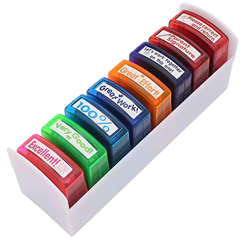 Teacher Stamp Set Colorful Encouraging Comments Self-Inking School Classroom Homework Grading Stamp Set with Storage Tray（8-Piece）