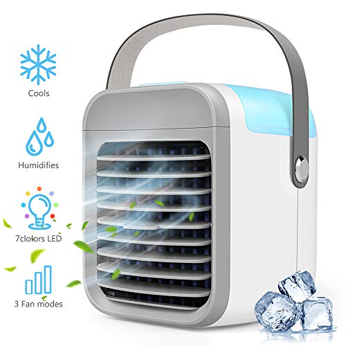 2020 Latest Personal Air Cooler, 4 in 1 Air Space Conditioner,Portable Air Conditioner with Handle, 3 Speed, 7 LED Lights, Mini Cooling Desktop Fan for Home, Office and Room (White)