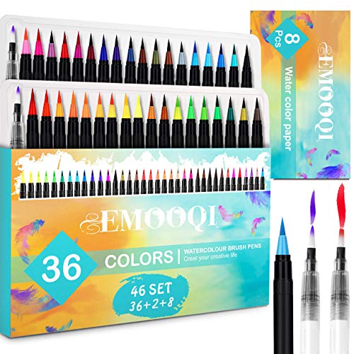 Watercolor Brush Pens, Emooqi 36 Colors for Real Brush Pens, Includes 2 Blending Brushes & 8 Watercolor Paper, for Artists and Beginner Painters to Colouring Books, Calligraphy, Drawing
