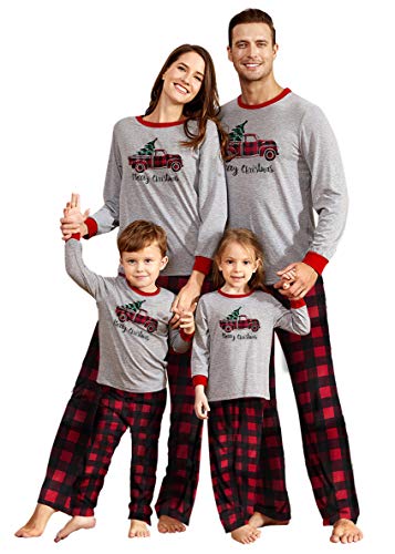 IFFEI Matching Family Pajamas Sets Christmas PJ's Sleepwear Merry Christmas Truck Driving Top and Plaid Pants (8-9 Years Kids)