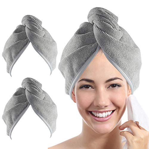 YoulerTex Microfiber Hair Towel Wrap for Women, 2 Pack 10 inch X 26 inch, Super Absorbent Quick Dry Hair Turban for Drying Curly, Long & Thick Hair(Gray)