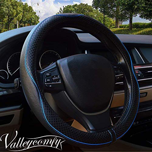 Valleycomfy 15.75 inch Auto Car Steering Wheel Covers Black with Blue Lines- Genuine Leather for F-150 Tundra Range Rover.