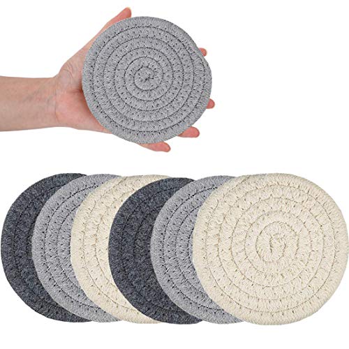 Coasters for Drinks, Handmade Braided Drink Coasters, Set of 6 (4.3 Inch, Round, 8mm Thick), Super Absorbent Heat-Resistant Coasters for Drinks, Great Housewarming Gift (SET 2)
