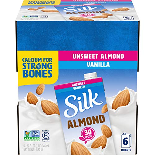 Silk Almond Milk, Unsweetened Vanilla, 32 Fluid Ounce (Pack of 6), Vanilla Flavored Non-Dairy Almond Milk, Dairy-free Milk