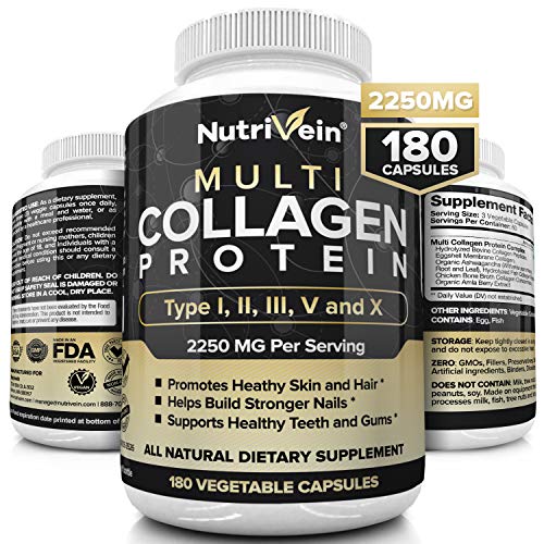 Nutrivein Multi Collagen Pills 2250mg - 180 Collagen Capsules - Type I, II, III, V, X - Anti-Aging, Healthy Joints, Hair, Skin, Bones, Nails, Hydrolyzed Protein Collagen Peptides for Woman and Men