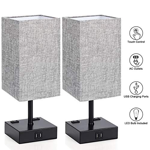 Touch Control Table Lamp, 3 Way Dimmable Bedside Desk Lamps with 2 USB Charging Ports 2 AC Outlets, Grey Fabric Shade Modern Nightlight for Bedroom Living Room, ST64 E26 LED Bulbs Included, Set of 2