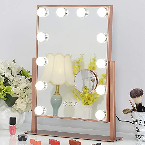 FENCHILIN Lighted Makeup Mirror Hollywood Mirror Vanity Makeup Mirror with Light Smart Touch Control 3Colors Dimable Light Detachable 10X Magnification 360°Rotation(Rose Gold