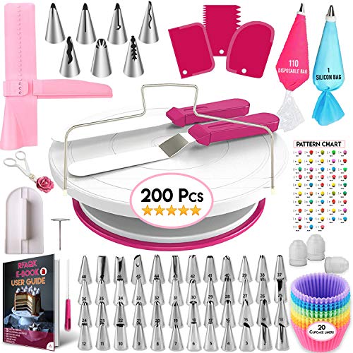 200 Pcs Cake Decorating Supplies Kit for Beginners-1 Cake Turntable Stand with Piping bags and Tips -2 Spatula-Cake Leveler & Icing Smoother-55 Piping tips & Nozzles-Baking tools -20 Cupcake liners