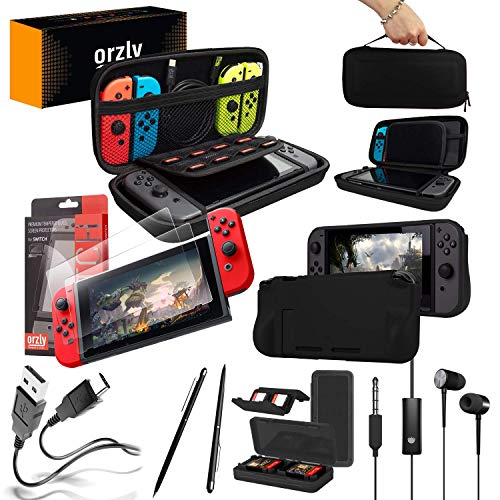 Switch Accessories Bundle - Orzly Essentials Pack for Nintendo switch Case & Screen Protector, Grip Case, Games Holder, Headphones - Classic Black Edition