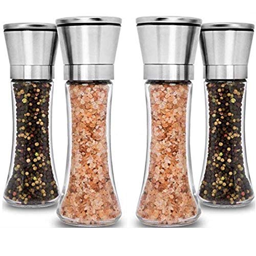 Home EC Premium Stainless Steel Salt and Pepper Grinder Set 4 Pack-Adjustable Ceramic Sea Salt Grinder & Pepper Grinder-Tall Glass Salt and Pepper Shakers-Pepper Mill & Salt Mill W/Collapsible Funnel