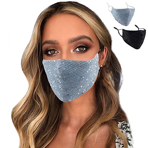 Sparkly Mesh Face Mask Reusable Face Bandanas Decorative Halloween Nightclub Costume Party Masks for Women (Black + Blue)