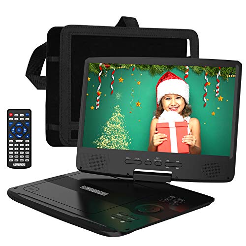 HDJUNTUNKOR Portable DVD Player with 10.1' HD Swivel Display Screen, 5 Hour Rechargeable Battery, Support CD/DVD/SD Card/USB, Car Headrest Case, Car Charger, Unique Extra Button Design