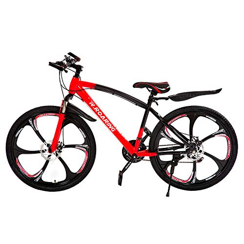 R.ROARING Mountain Bike 21 Speed Double Disc Brake 26-inch Wheels 6 Spoke Bicycle for Adult or Teens, Black Red