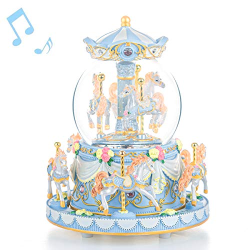 Carousel Snow Globe Music Box - 8 Horse Blue Snowglobe Anniversary Christmas Birthday Gift for Wife Daughter Girlfriend Girl Wind Up Clockwork Musical Box with Led Light Melody You are My Sunshine ¡­