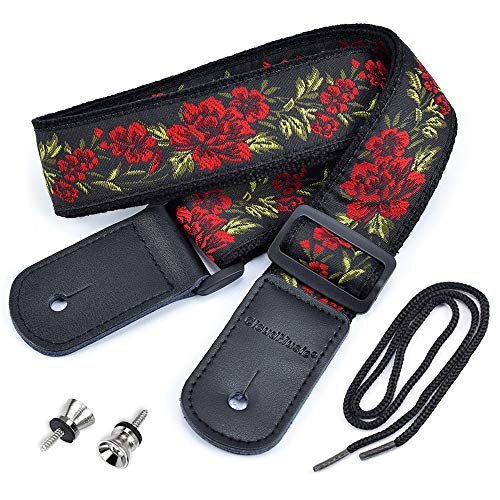 CLOUDMUSIC Ukulele Strap Floral Pattern Roses Strap For Soprano Concert Tenor Baritone (Red Roses)