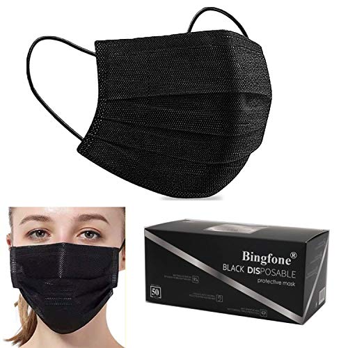 Black Face Mask Disposable Face Masks 3 Layer Breathable Masks Non-Woven Meltblown Black Cloth Mask with Earloop and Metal Nose Bridge Strips for Personal Care, 50 PCS