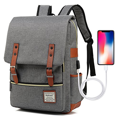 UGRACE Vintage Laptop Backpack with USB Charging Port, Elegant Water Resistant Travelling Backpack Casual Daypacks School Shoulder Bag for Men Women, Fits up to 15.6Inch MacBook in Grey