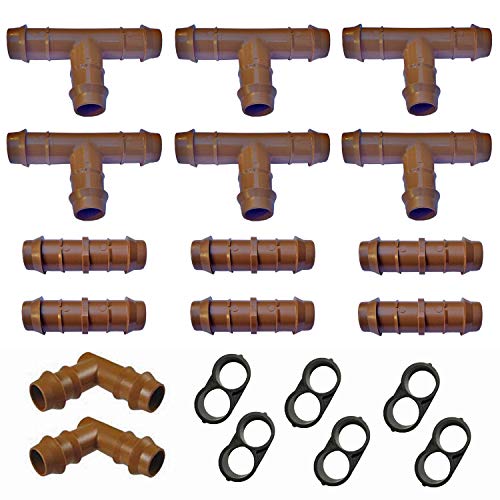 Habitech Irrigation Fittings Kit for 1/2' Tubing 20 Piece Set - 6 Tees, 6 Couplings, 2 Elbows, 6 End Cap Plugs - Barbed Connectors for Rain Bird and Compatible Drip or Sprinkler Systems