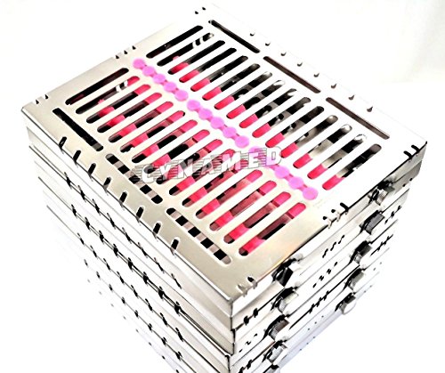 5 German DentalL Autoclave Sterilization Cassette Rack Box Tray for 15 Instruments Pink Cynamed