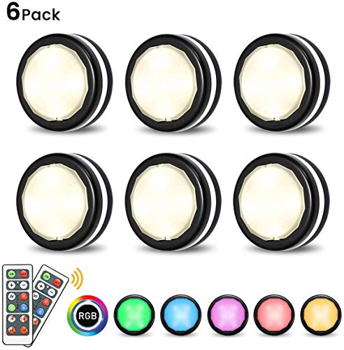 Elfeland Puck Lights Wireless RGB LED Closet Lights with Remote Control Dimmable Under Cabinet Lighting Puck Lights Battery Operated Under Counter Lighting Stick On Lights(6 Pack)