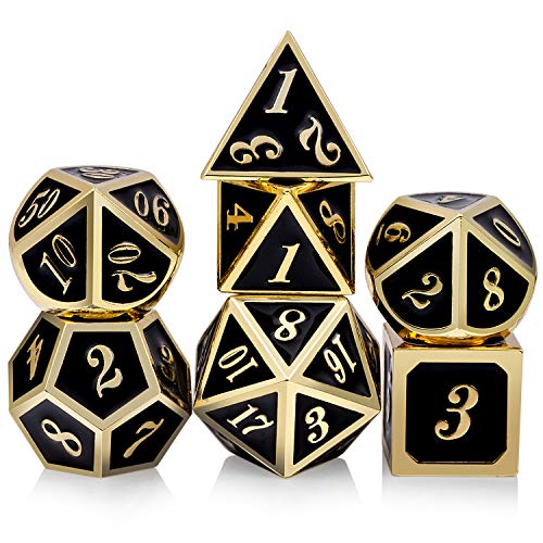 DNDND Metal Dice Set D&D, 7 die Metal Polyhedral Dice Set with Gift Metal Box and Gold Number for DND Dungeons and Dragons Role Playing Games (Black and Gold)