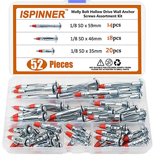 ISPINNER 52pcs Zinc Plated Steel Long Hollow Wall Drive Anchor Screws Assortment Kit for Drywall (35mm 46mm 59mm)