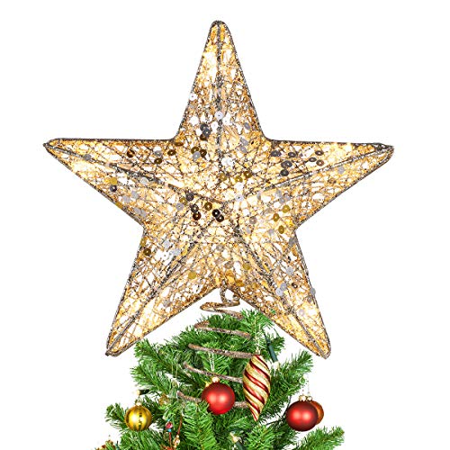 MAOYUE Christmas Tree Topper, 10 LED Lighted Star Tree Topper Gold Glittered Christmas Tree Decorations for Indoor Home Decor