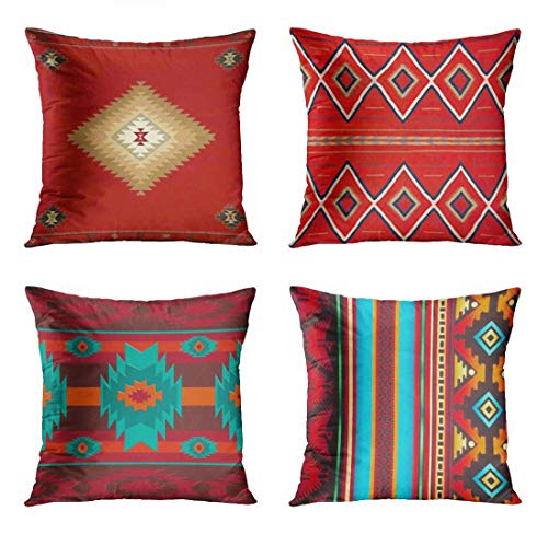 ArtSocket Set of 4 Throw Pillow Covers South Southwest Western Tribal Red Native Home Cultural Geometric Hue Country Decorative Pillow Cases Home Decor Square 18x18 Inches Pillowcases