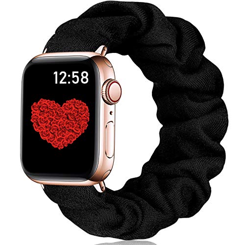Vcegari Compatible with Apple Watch Scrunchies Band 42mm Series 3/2/1, Soft Fabric Printed Elastic Wristbands for 44mm iWatch SE Series 6/5/4 Women Girls, Black S/M