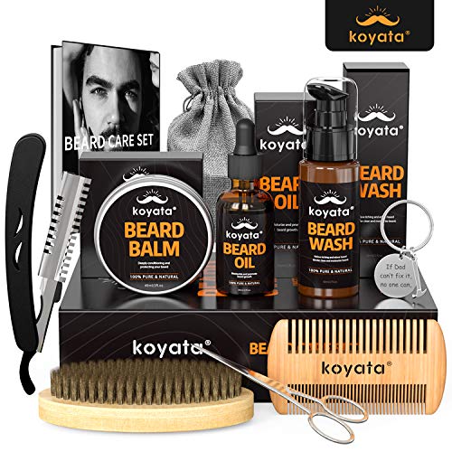 KOYATA 10 In 1 Beard Grooming Kit For Beard Maintenance, Beard & Mustache Moisturizing& Conditioning Kit Contains Beard Balm, Wooden Beard Comb, Beard Scissors, Beard Shampoo/Wash, Beard Gift For Men