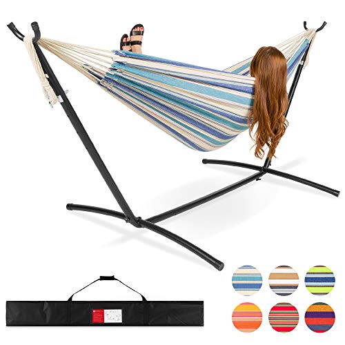 Best Choice Products 2-Person Indoor Outdoor Brazilian-Style Cotton Double Hammock Bed w/Carrying Bag, Steel Stand, Ocean