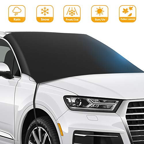 ZSVJYLO Car Windshield Snow Cover, Straps and Magnets Double Fixed Design Windproof Outdoor Car Snow Cover, Waterproof Frost Guard Winter Windshield Snow Ice Cover Protector Fits Most Cars and SUV
