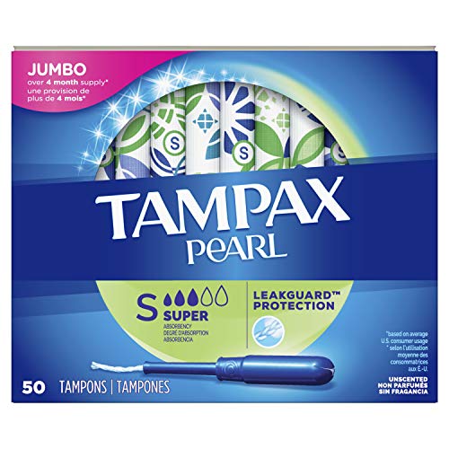 Tampax Pearl Tampons Super Absorbency with LeakGuard Braid, Unscented, 50 Count